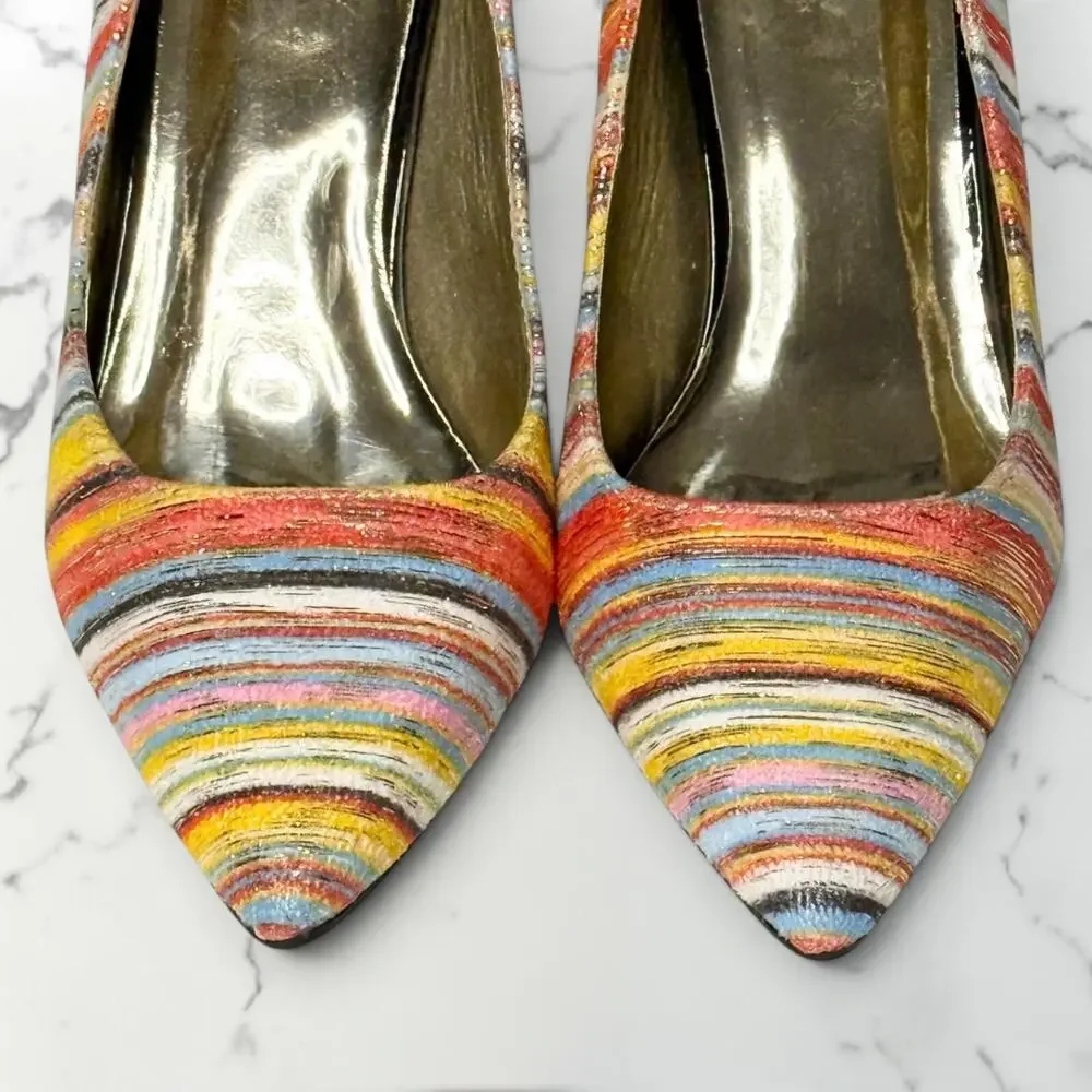 Torta Caliente Zita Rainbow Stripe Pointed Toe Pumps Heels Sz 6 NIB Dopamine